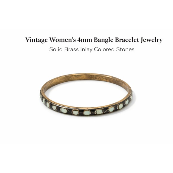 Vintage Jewelry - Vintage Womens 4mm Bangle Bracelet Solid Brass‎ Inlay Colored Stones Gold Black